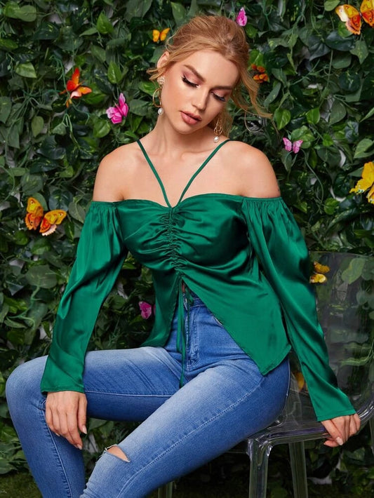 Cold Shoulder Drawstring Ruched Front Satin Top freeshipping - Kendiee