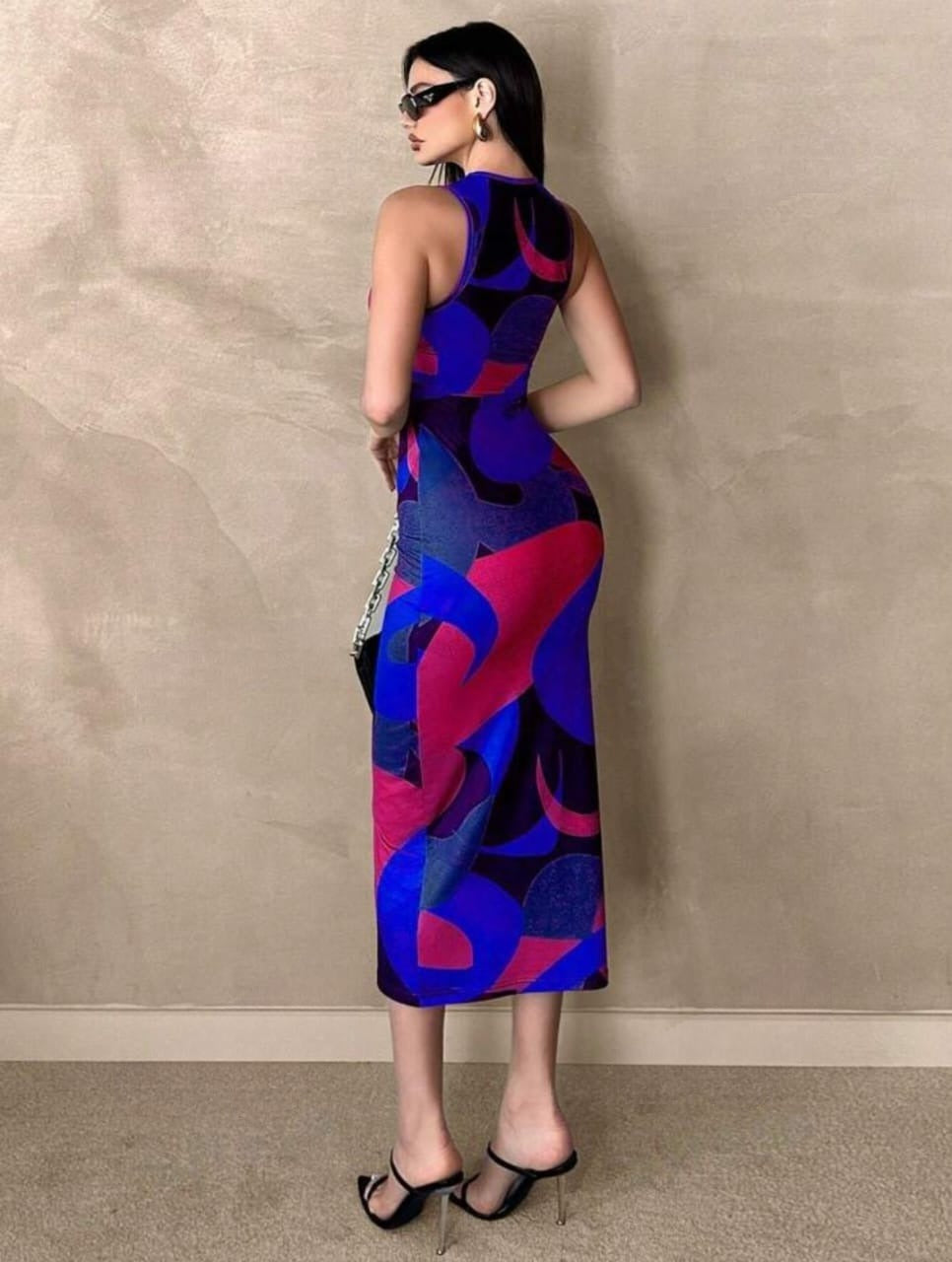 Color Block Printed Ruched Sleeveless Bodycon Dress