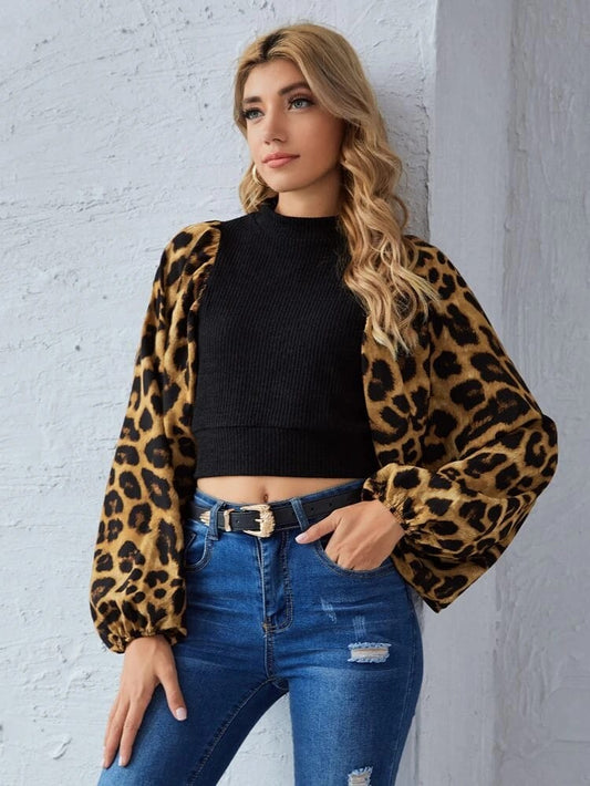 Contrast Leopard Lantern Sleeve Rib-knit Top freeshipping - Kendiee