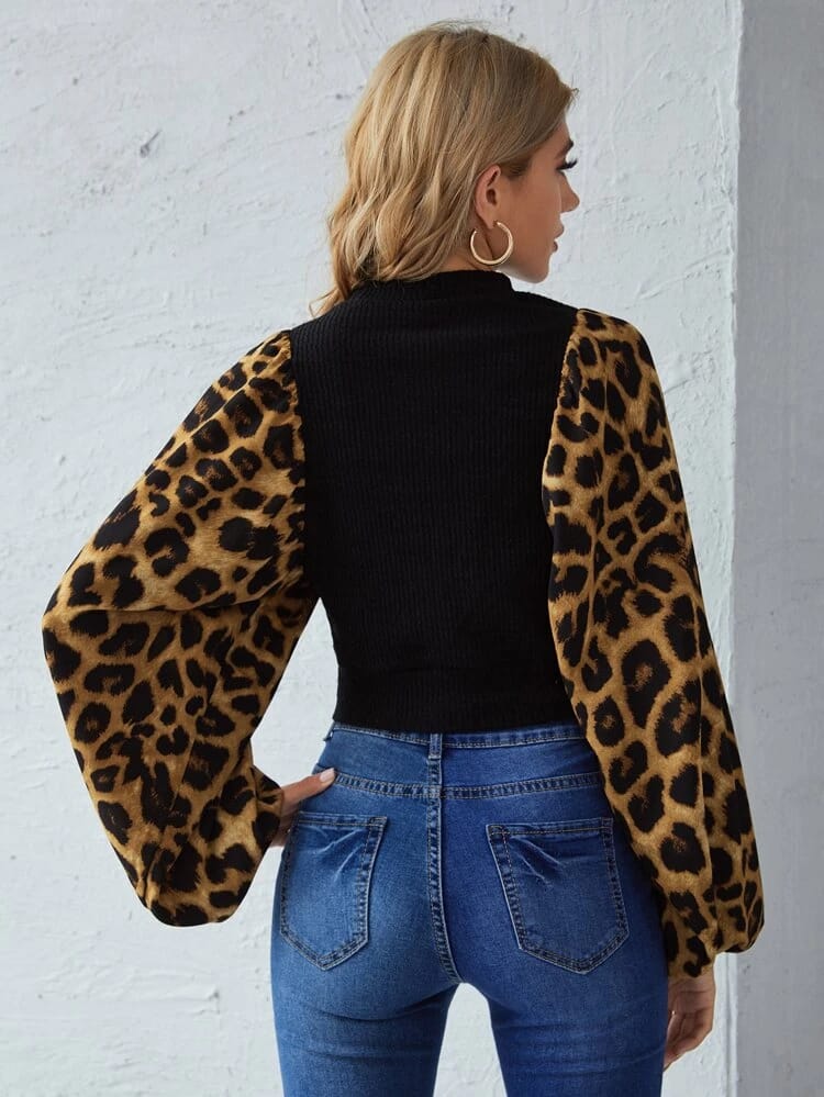 Contrast Leopard Lantern Sleeve Rib-knit Top freeshipping - Kendiee