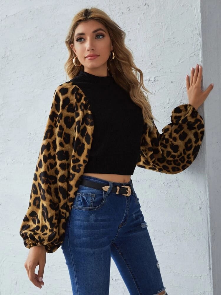 Contrast Leopard Lantern Sleeve Rib-knit Top freeshipping - Kendiee