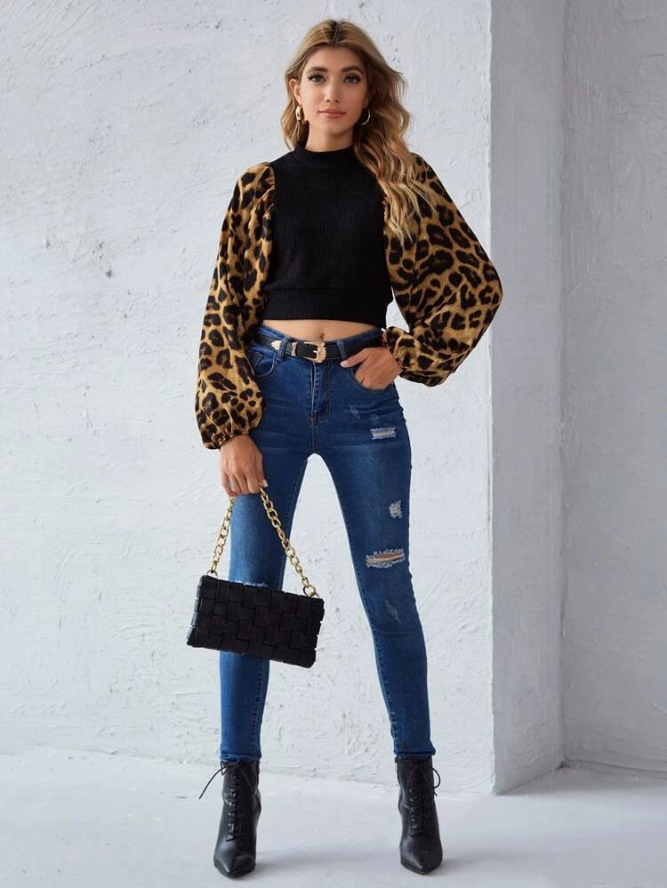 Contrast Leopard Lantern Sleeve Rib-knit Top freeshipping - Kendiee