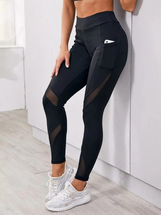 Contrast Mesh Sports Leggings With Phone Pocket freeshipping - Kendiee