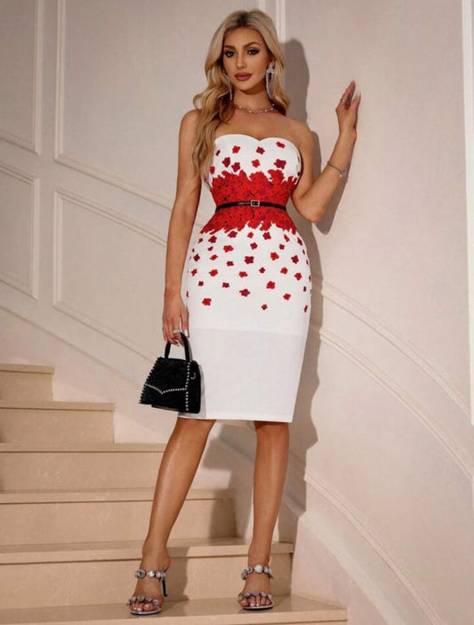 Sweetheart Neckline Floral Printed Bodycon Strapless Dress Without Belt