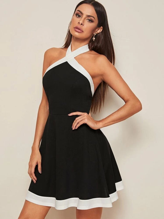 Contrast Trim Crisscross Halter Skater Dress freeshipping - Kendiee