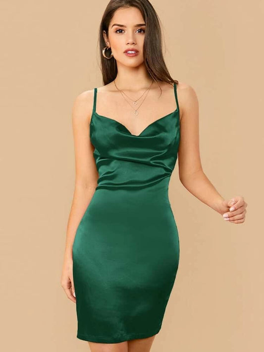 Cowl Neck Satin Cami Dress freeshipping - Kendiee