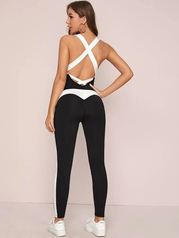 Crisscross Backless Colorblock Unitard Jumpsuit freeshipping - Kendiee