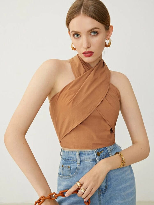 Cross Wrap Halterneck Tie Back Top freeshipping - Kendiee