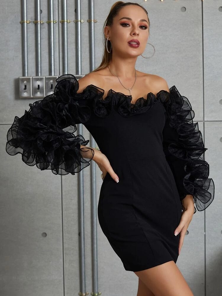 Off Shoulder Organza Exaggerated Ruffle Dress freeshipping - Kendiee