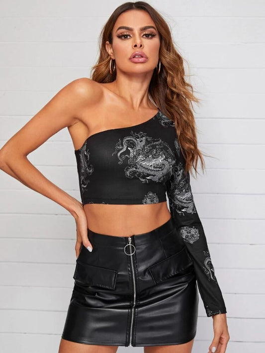 Dragon Print One Shoulder Crop Top freeshipping - Kendiee