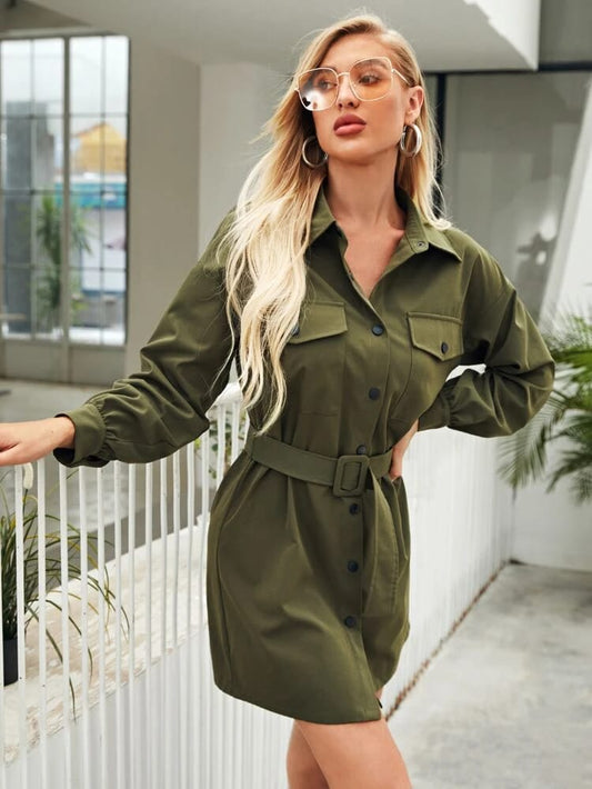 Drop Shoulder Belted Shirt Dress freeshipping - Kendiee