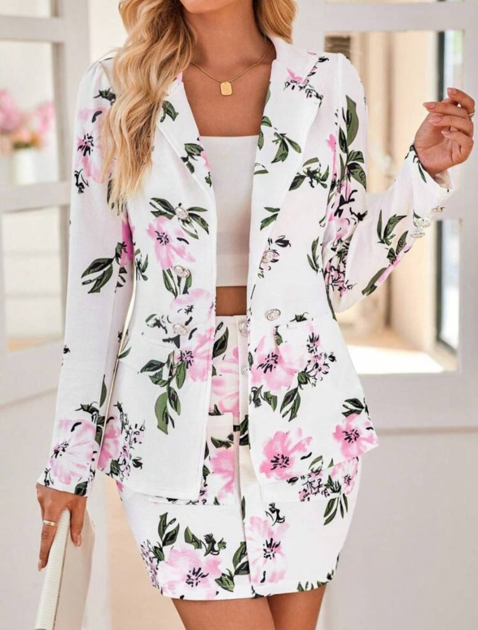 Elegant Floral Printed Double Breasted Jacket & Bodycon Skirt Set