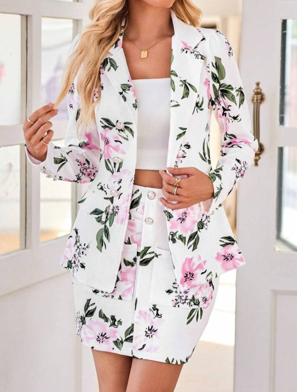 Elegant Floral Printed Double Breasted Jacket & Bodycon Skirt Set