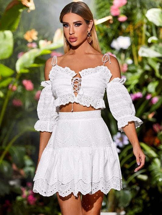 Eyelet Embroidery cold shoulder crop top freeshipping - Kendiee