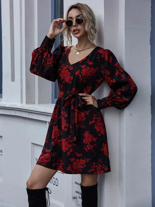 Floral Print Lantern Sleeve Belted Dress freeshipping - Kendiee