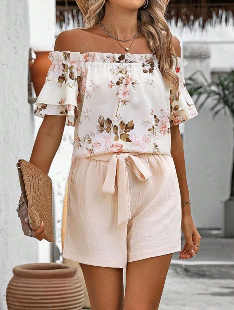 Floral Printed Off The Shoulder Top & Shorts Set