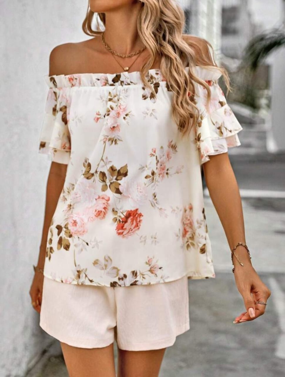 Floral Printed Off The Shoulder Top & Shorts Set