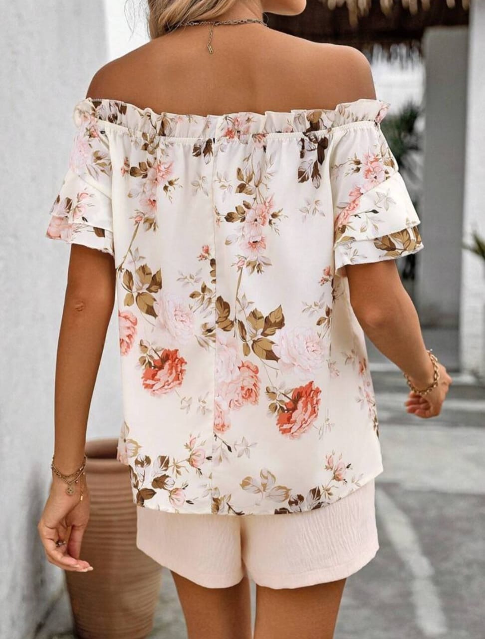 Floral Printed Off The Shoulder Top & Shorts Set