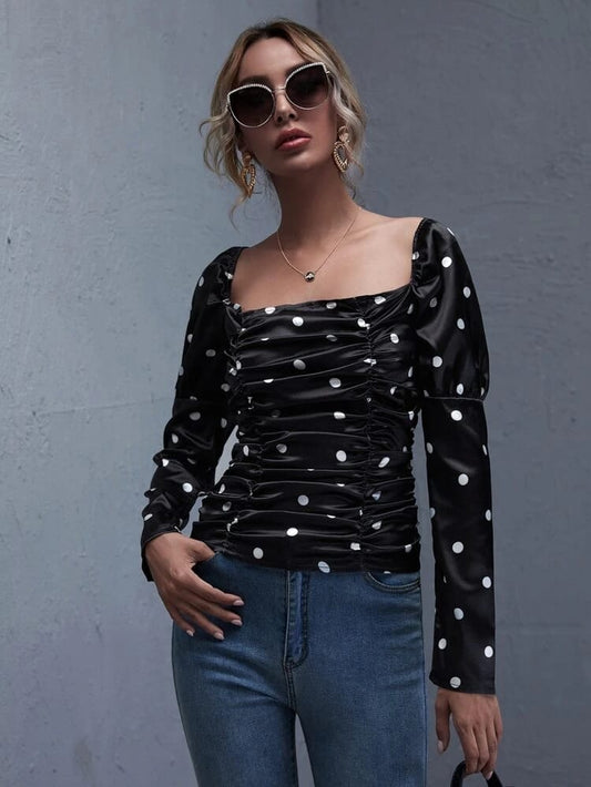 Gigot Sleeve Ruched Polka Dot Top freeshipping - Kendiee