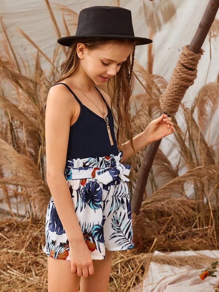 Girls Rib-Knit Cami Top And Paperbag Waist Short Set freeshipping - Kendiee