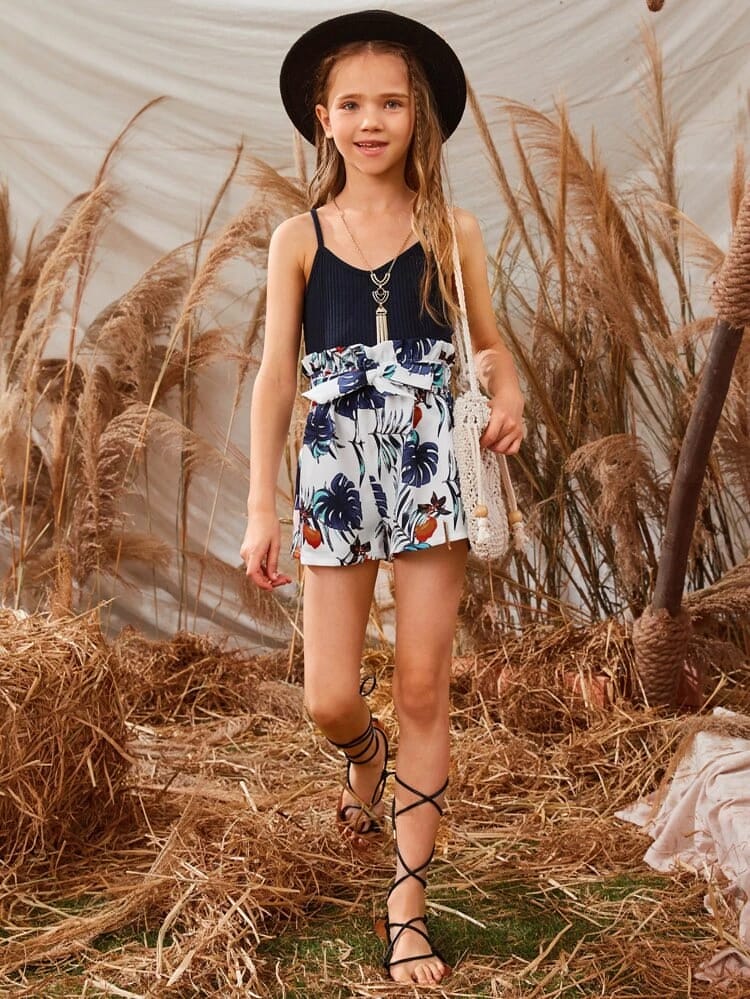 Girls Rib-Knit Cami Top And Paperbag Waist Short Set freeshipping - Kendiee