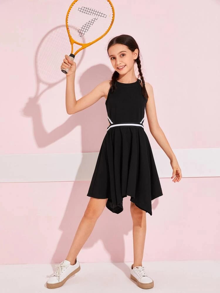 Girls Striped Tape Details Hanky Hem Flare Dress freeshipping - Kendiee