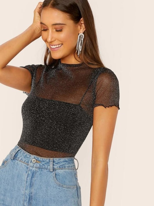 Glitter sheer mesh lettuce edge top freeshipping - Kendiee