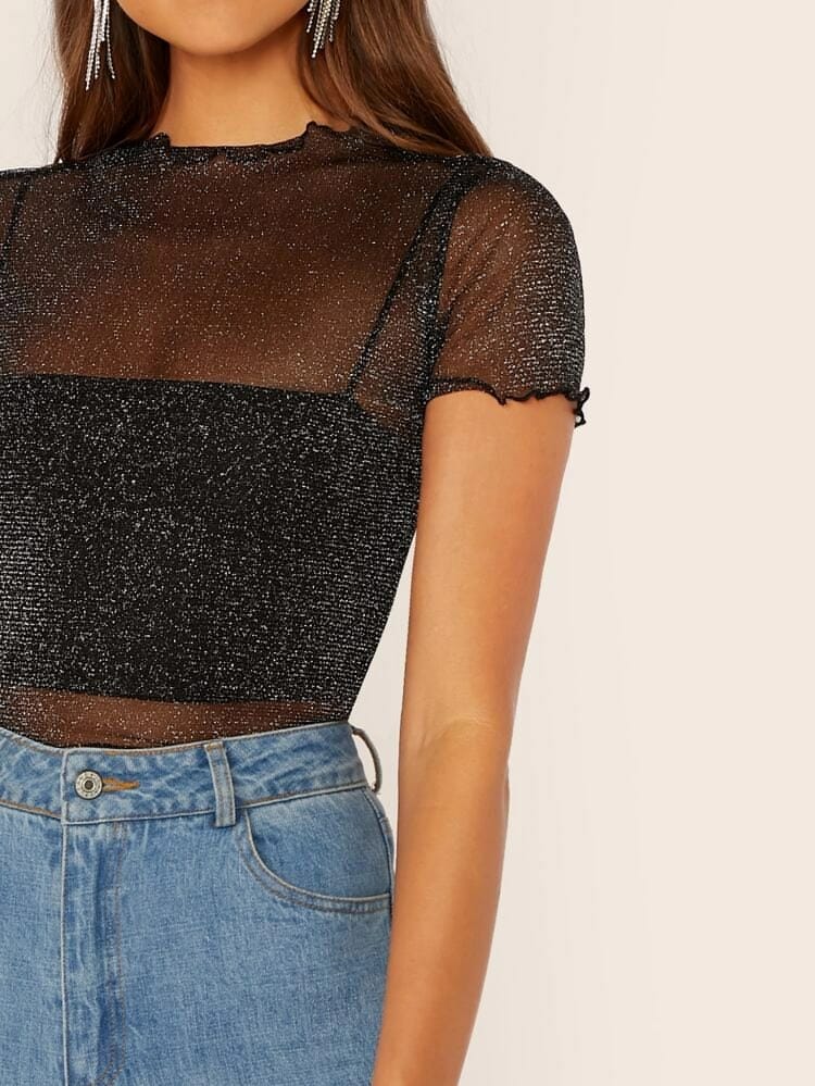 Glitter sheer mesh lettuce edge top freeshipping - Kendiee