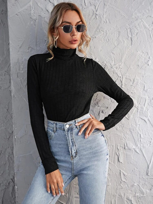 High Neck Rib-knit Tee freeshipping - Kendiee