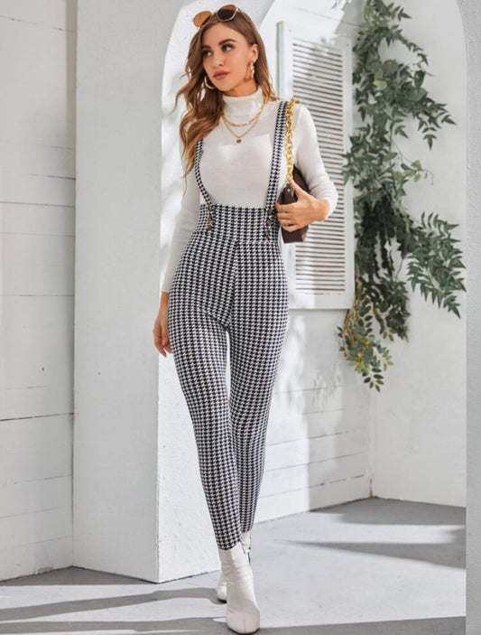 Houndstooth Criss Cross Back High Waisted Jumpsuit Without T-Shirt