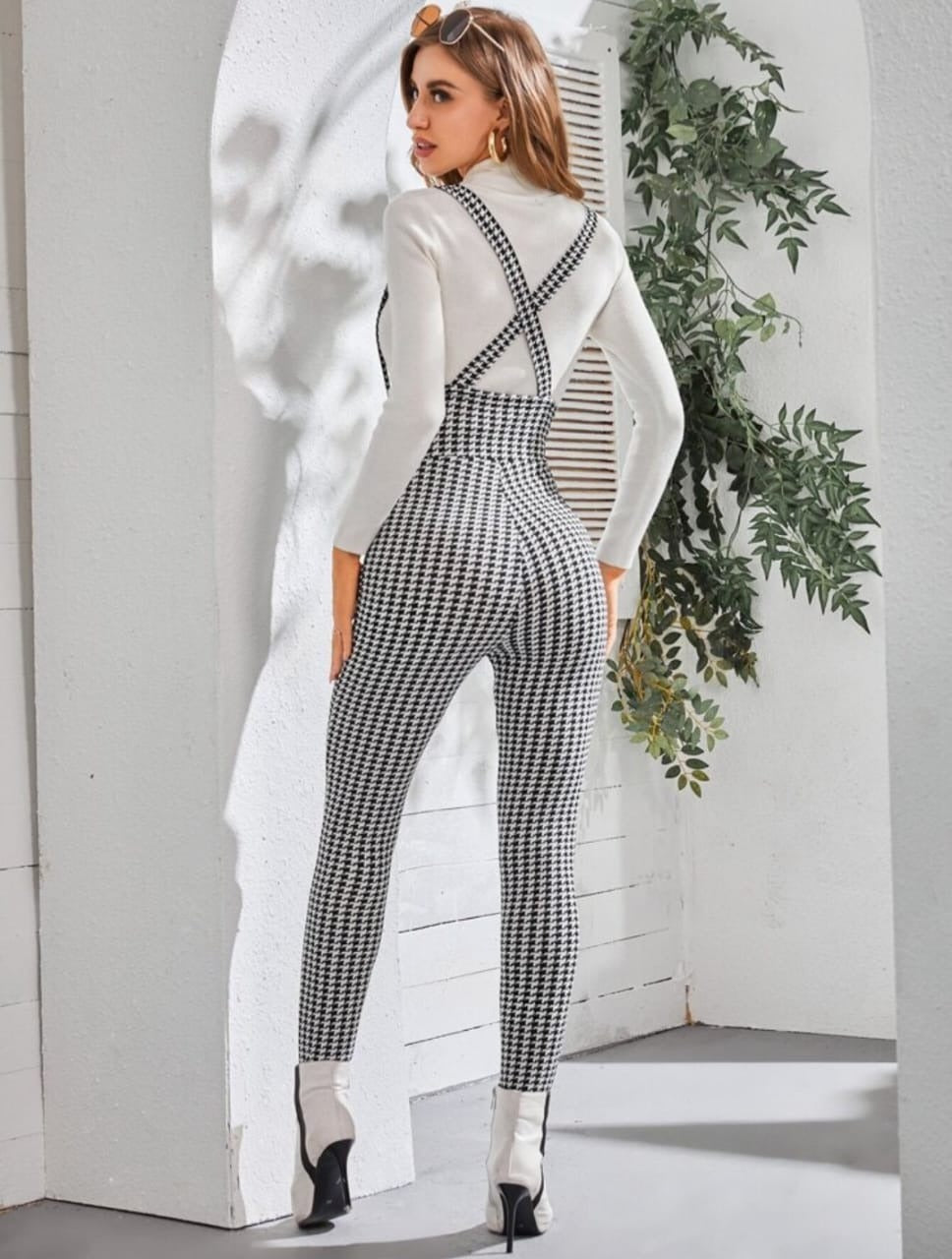 Houndstooth Criss Cross Back High Waisted Jumpsuit Without T-Shirt