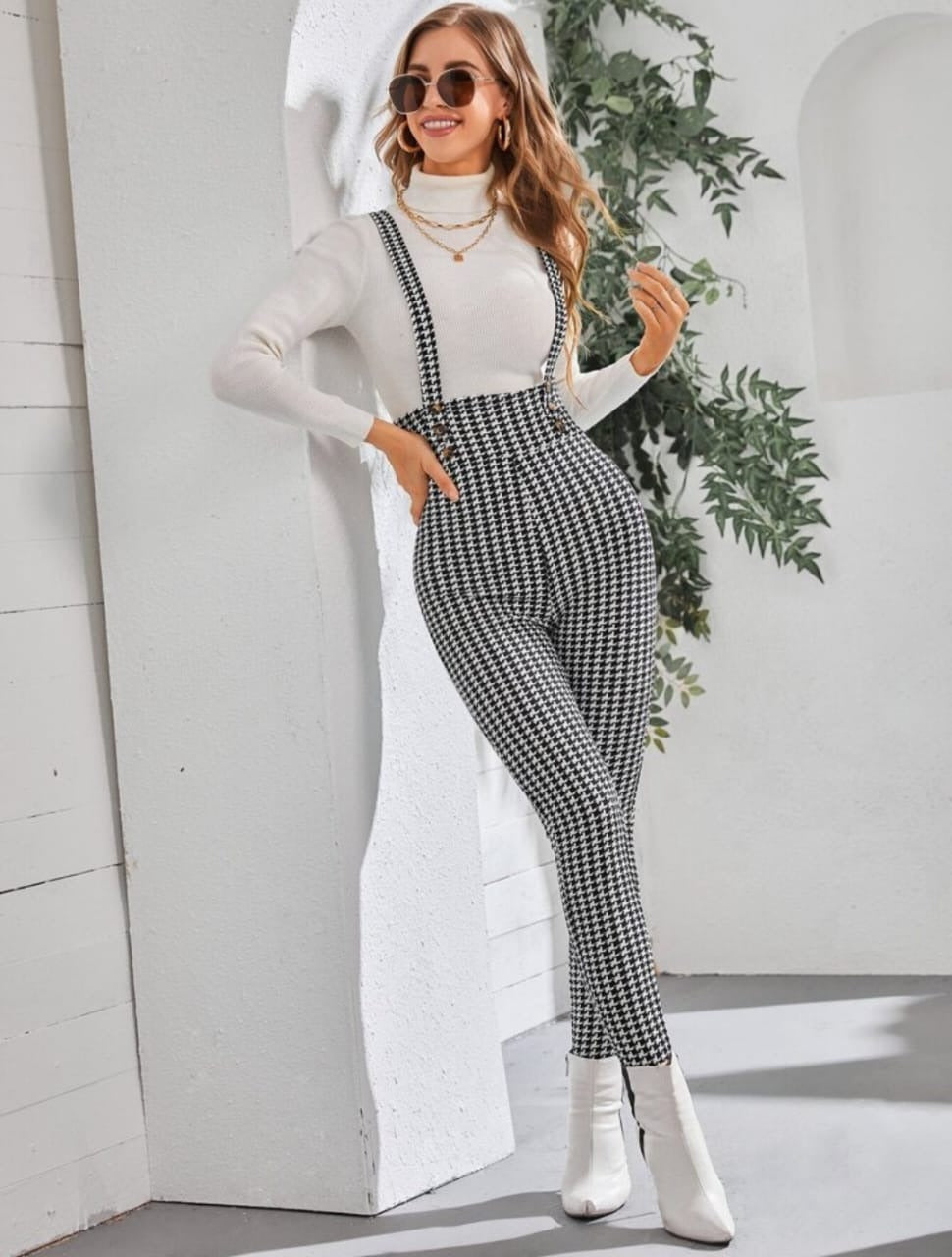 Houndstooth Criss Cross Back High Waisted Jumpsuit Without T-Shirt