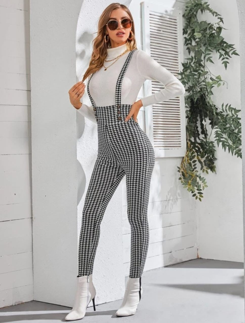 Houndstooth Criss Cross Back High Waisted Jumpsuit Without T-Shirt