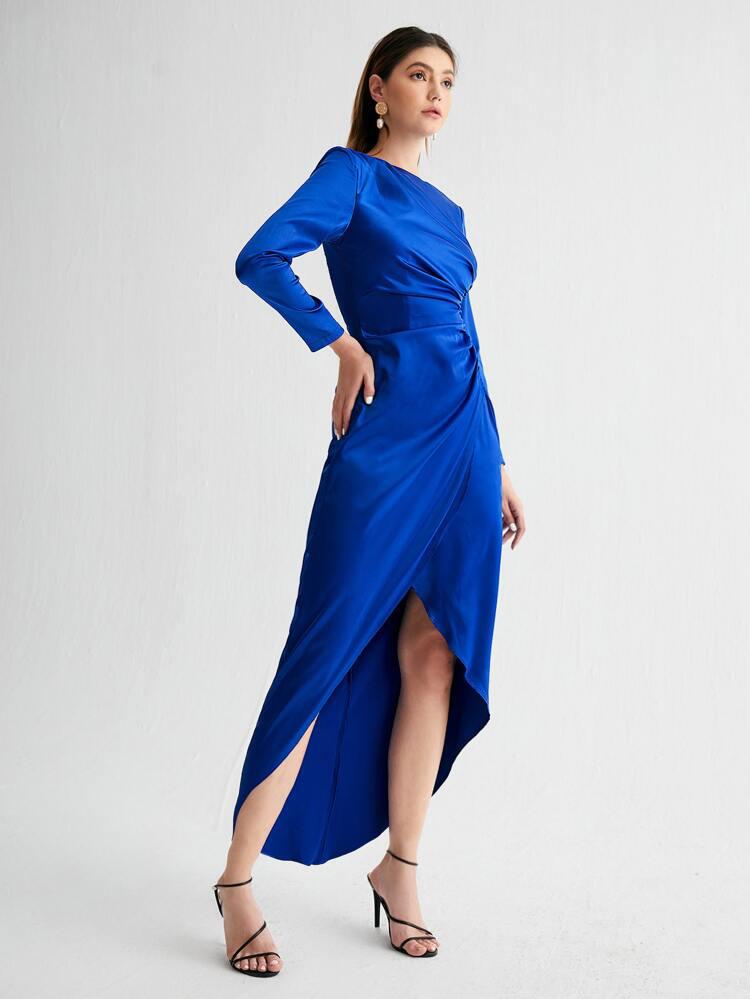 Asymmetrical Hem Ruched Detail Satin Solid Dress freeshipping - Kendiee