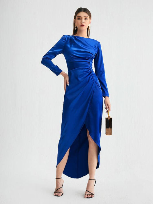 Asymmetrical Hem Ruched Detail Satin Solid Dress freeshipping - Kendiee