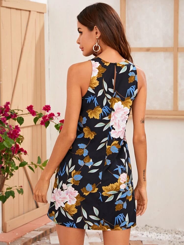 Keyhole Back Sleeveless Floral Print Dress freeshipping - Kendiee