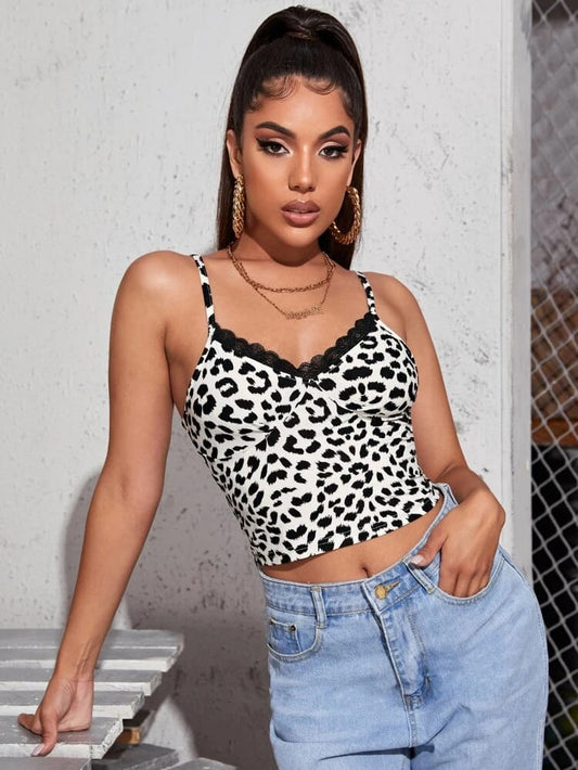 Lace Trim Leopard Print Bustier Cami Top freeshipping - Kendiee