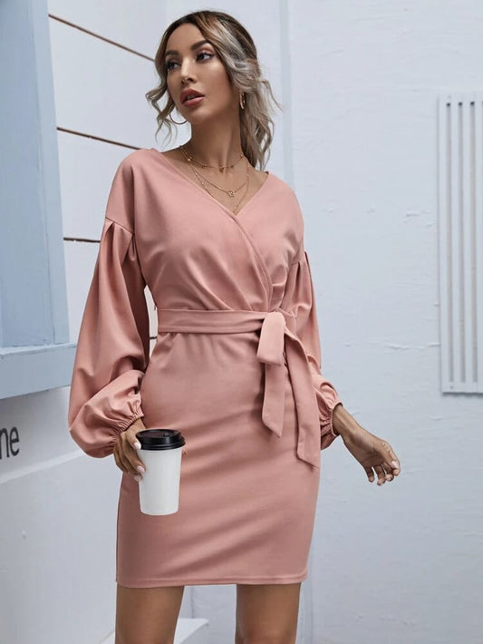 Lantern Sleeve Surplice Neck Self Belted Dress freeshipping - Kendiee