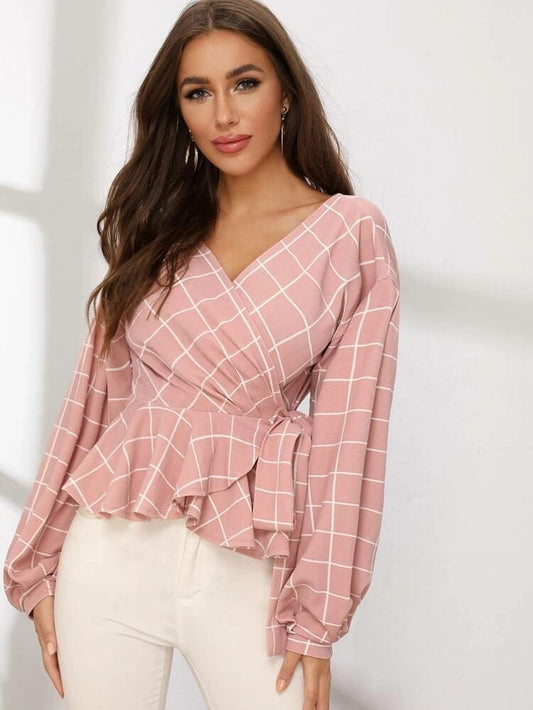 Lantern Sleeve Wrap Belted Peplum Grid Top freeshipping - Kendiee