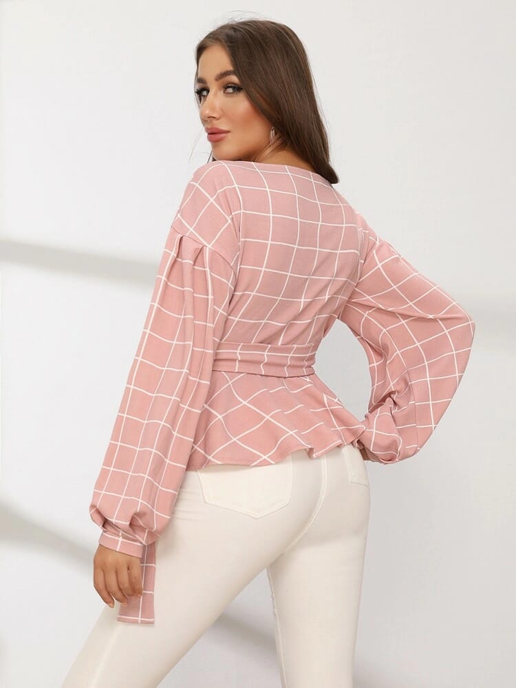 Lantern Sleeve Wrap Belted Peplum Grid Top freeshipping - Kendiee