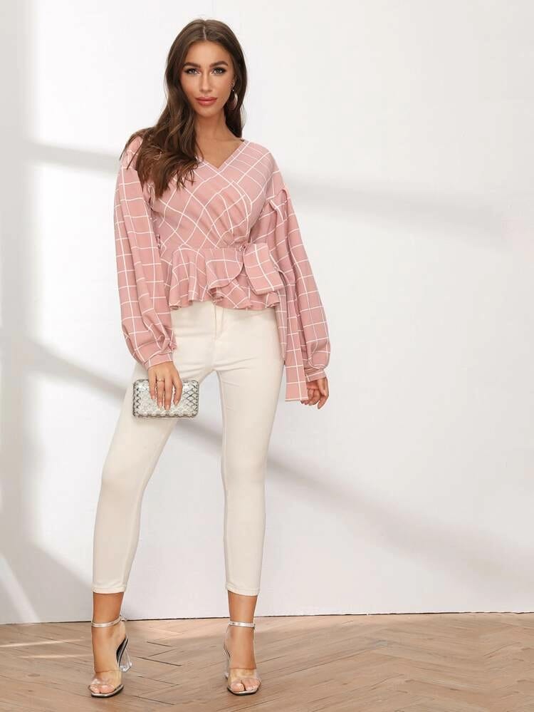 Lantern Sleeve Wrap Belted Peplum Grid Top freeshipping - Kendiee