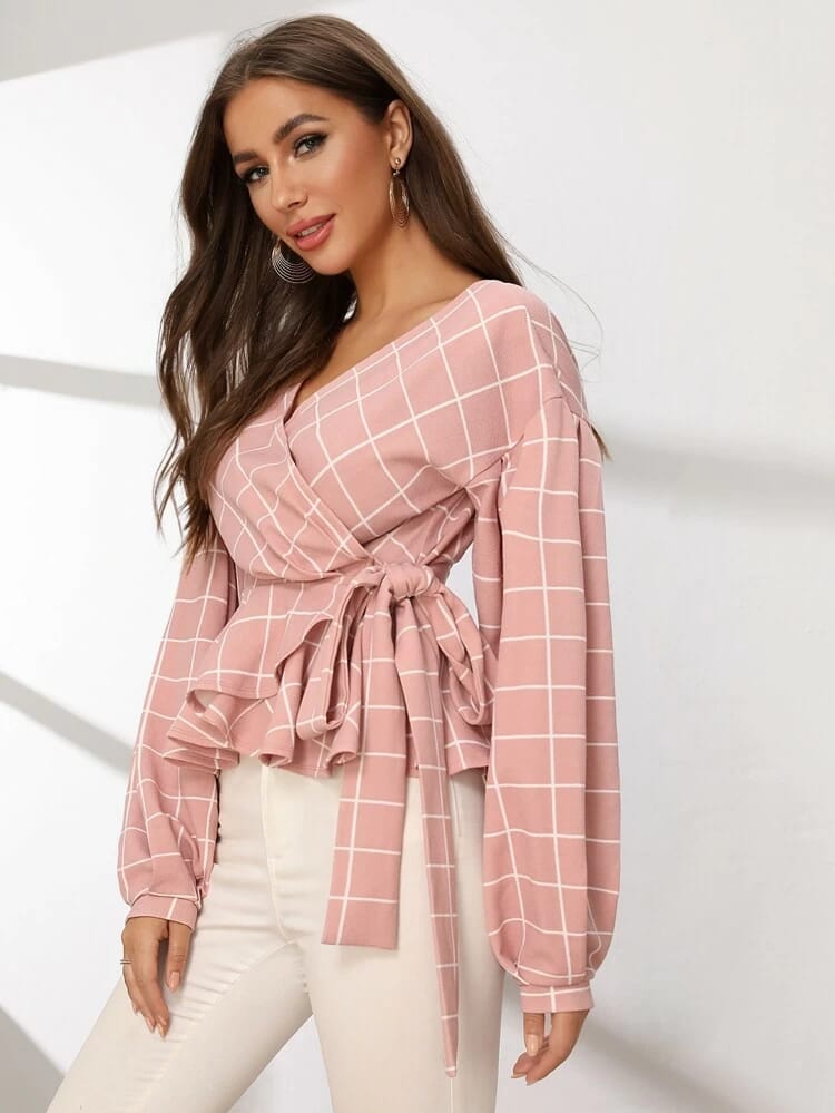 Lantern Sleeve Wrap Belted Peplum Grid Top freeshipping - Kendiee