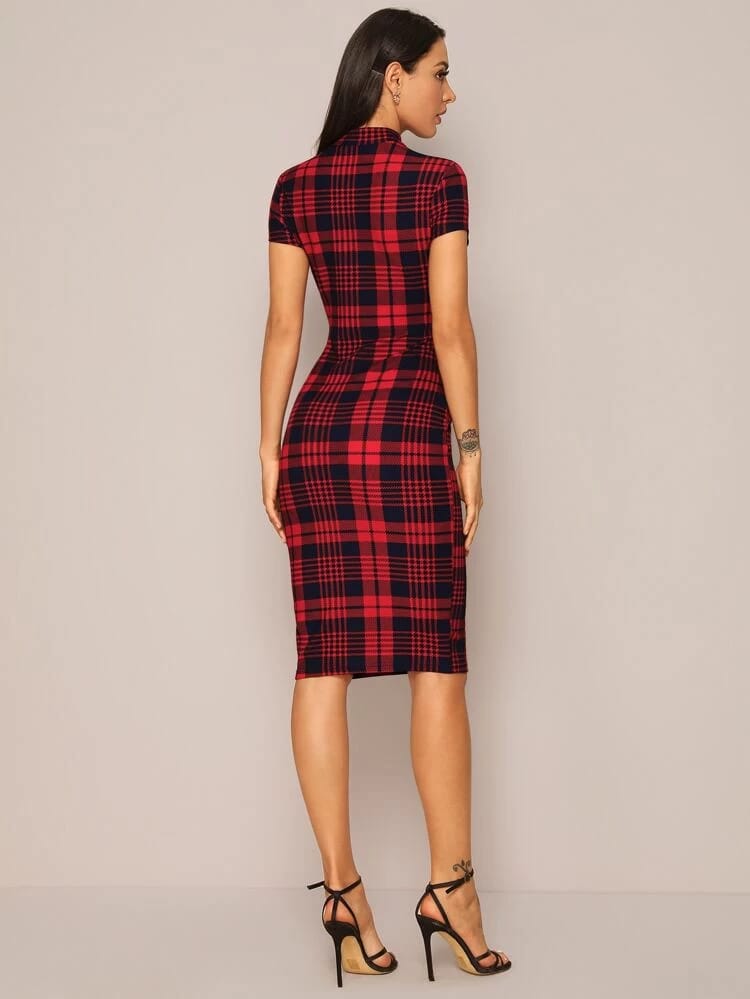 Mock-Neck Plaid Form Fitted Dress freeshipping - Kendiee