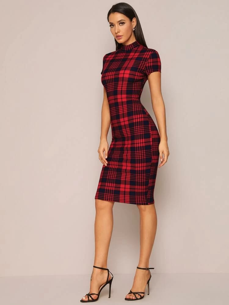 Mock-Neck Plaid Form Fitted Dress freeshipping - Kendiee