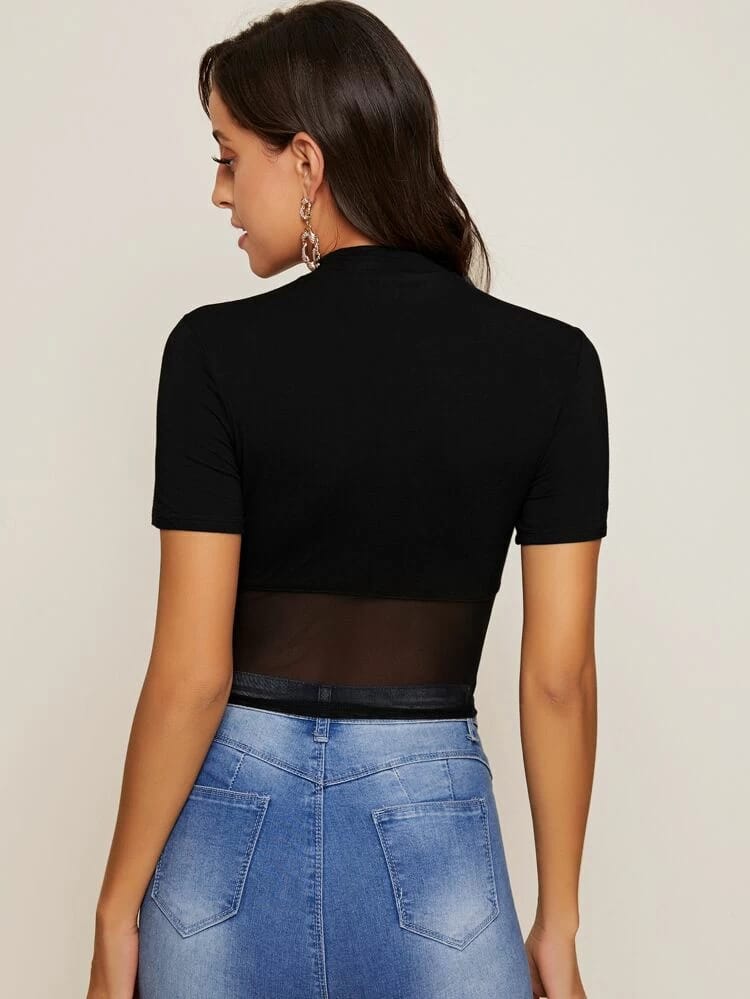 Mock-Neck Seam Front Mesh Panel Crop Top freeshipping - Kendiee