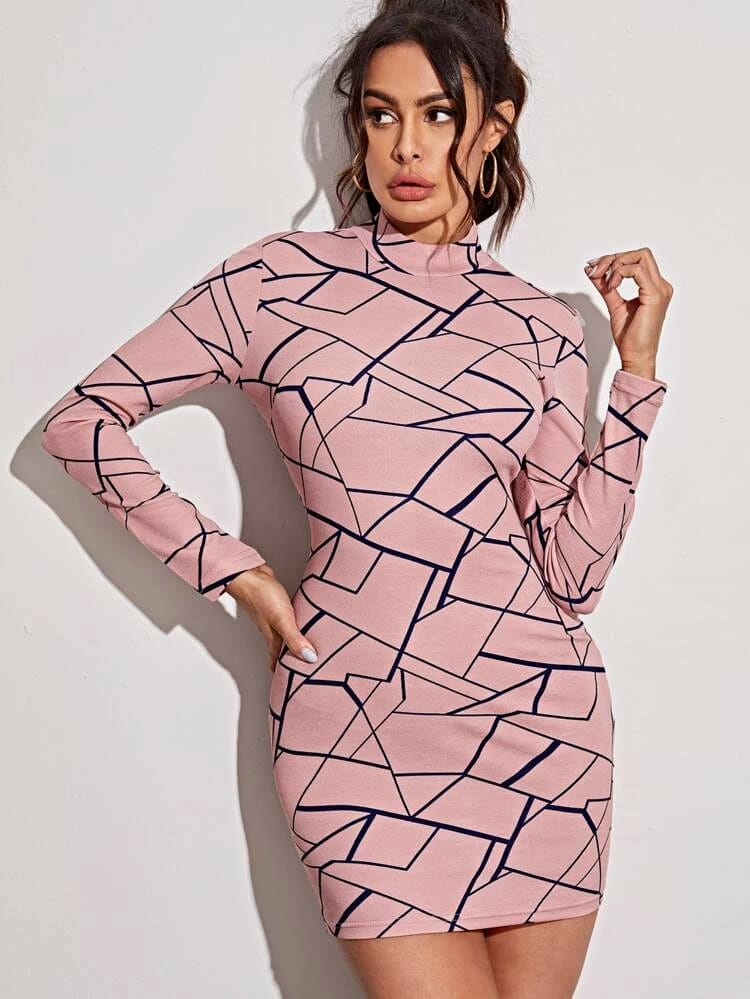 Mock-neck Geo Bodycon Dress freeshipping - Kendiee