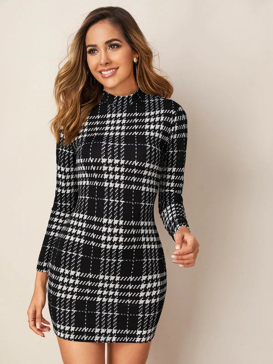 Mock-neck Long Sleeve Plaid Dress freeshipping - Kendiee