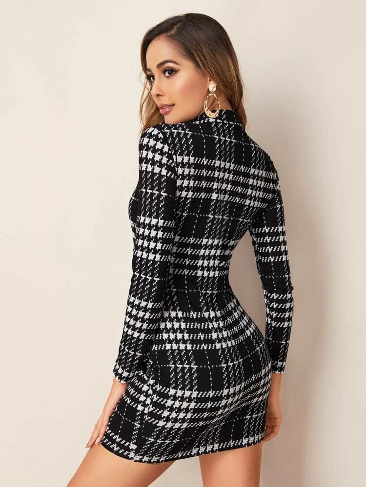 Mock-neck Long Sleeve Plaid Dress freeshipping - Kendiee