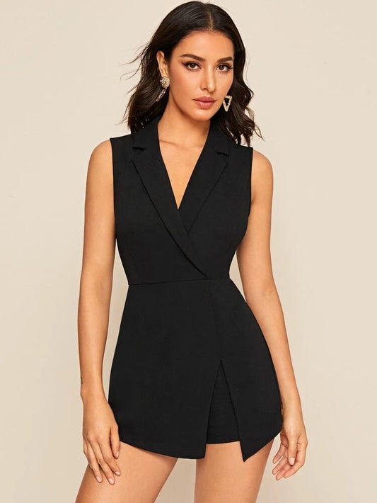 Notch Collar Solid Blazer Skort Romper freeshipping - Kendiee