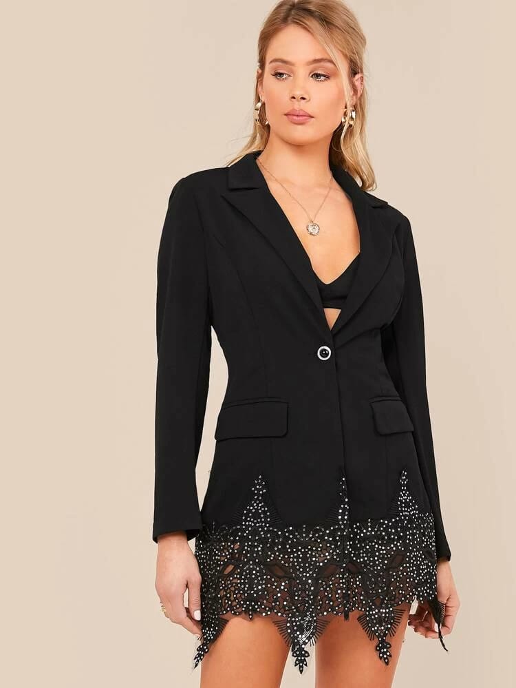 Notch Collar Embroidered Mesh Hem Blazer Dress freeshipping - Kendiee